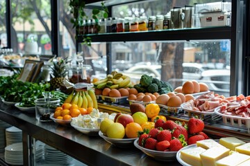 Colorful fresh healthy food on the bright modern art deco cafe counter with plastic plates and...