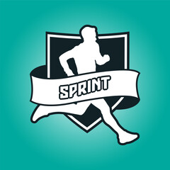 Runner shield with ribbon logo vector graphic illustration on background