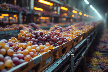The harvested grape crop is packed in wooden boxes on the sorting table, ready for further processing at a vineyard during the harvest season