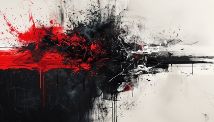triking black and white abstract composition with bold splashes of crimson red for an edgy, avant-garde art show