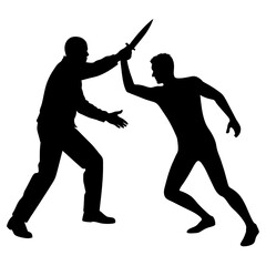 a killer man holding a knife in hand attacking a victim man silhouette