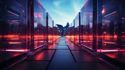 This futuristic image depicts a city viewed through a maze of glass boxes at night. The city lights are reflected in the glass, creating a dazzling and mysterious atmosphere.