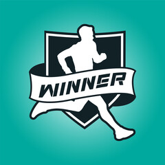 Naklejka premium Runner shield with ribbon logo vector graphic illustration on background