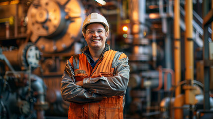 Obraz premium portrait of a smiling worker standing in a industrial factory, worker wearing safety helmet looking at camera 