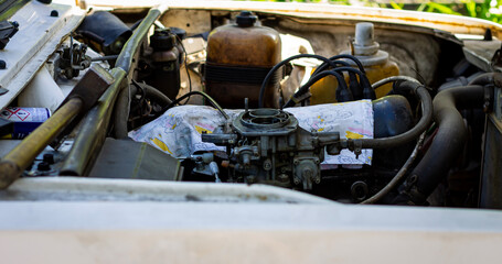 Carburetor from an old car close-up. Car repair.