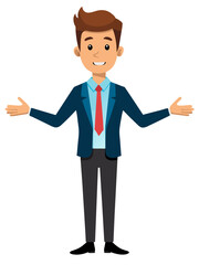 A smiling businessman in a suit gives a thumbs up in a gesture of success