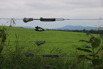 fence and wire tensioner with field & mountain landscape in background 