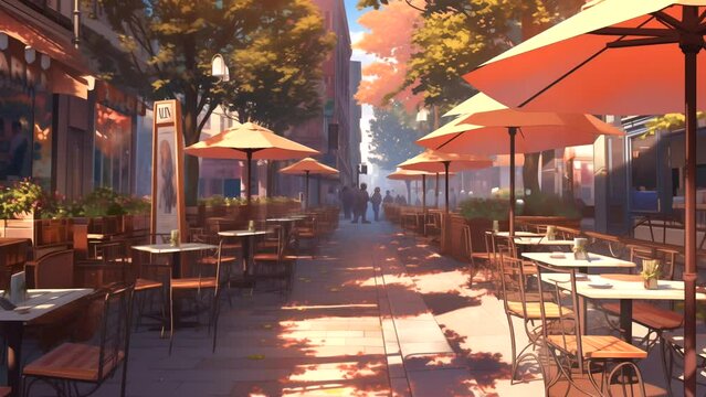 Outdoor caf&eacute; on a city street in summer with trees, accompanied by lofi background music. Looping time-lapse video.