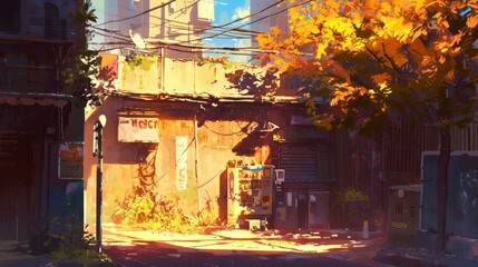landscape illustration art of style anime stree and city background