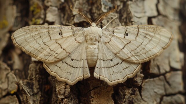 Close up shot of a light colored Apamea crenata moth perched on tree bark