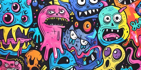 cartoon monsters, ghosts and strange beings doodle pattern