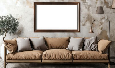 blank picture frame above a couch, dark auburn color, living room setting, mockup style template.