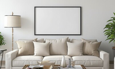 blank picture frame above a couch, cool grey color, living room setting, mockup style template.