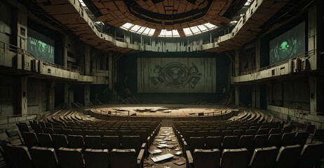 Obraz premium abandoned cyberpunk sci-fi dystopian empty theater auditorium. futuristic amphitheater stadium interior with stage.