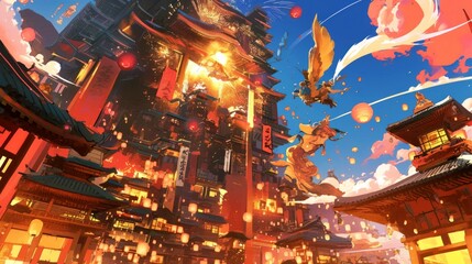 Obraz premium illustration art, festival firework style anime