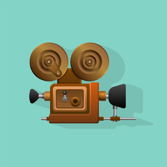 Vintage video camera, retro multimedia device. Stylized volumetric icon, brown with shadow. Vector illustration.