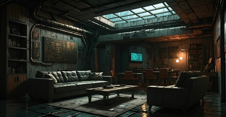 cyberpunk sci-fi dystopian abandoned living room in house interior. futuristic ambience with luxury style decor and empty.
