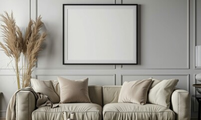 blank picture frame above a couch, cool grey color, living room setting, mockup style template.