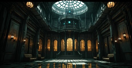 Cyberpunk palace ballroom room interior. Dystopian sci-fi castle empty room.
