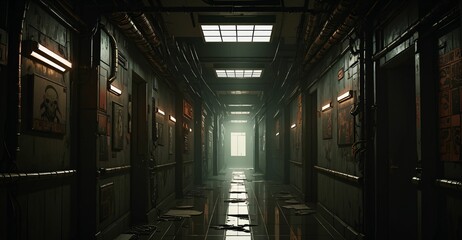 Obraz premium Cyberpunk hallway in dystopian lo-fi futuristic sci-fi building interior.