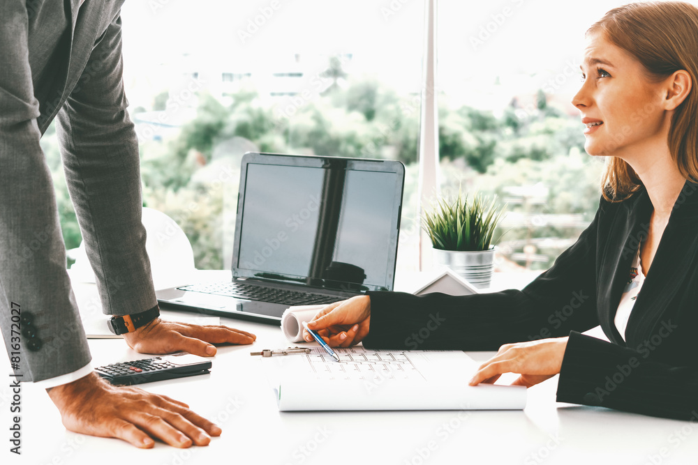 Poster architect and engineer working with construction drawing project on table in office. architecture an
