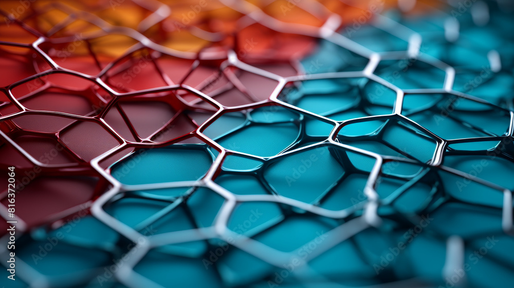 Poster a colorful mesh of squares and triangles with a blue background