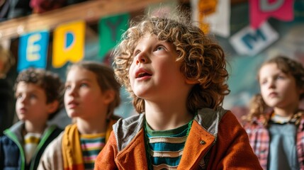Obraz premium Children watching a performance with excitement in a colorful room