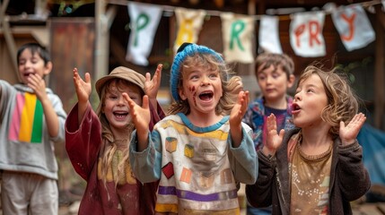 Fototapeta premium Children clapping and laughing at an outdoor party with banners and decorations