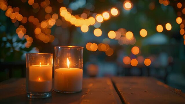 Delicate fairy lights le in the background adding an extra touch of magic to the enchanting candlelit outdoor mixology class. .