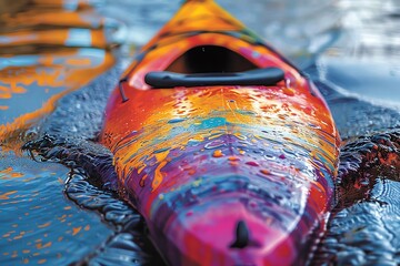 A red, yellow, and blue kayak sits in the water.