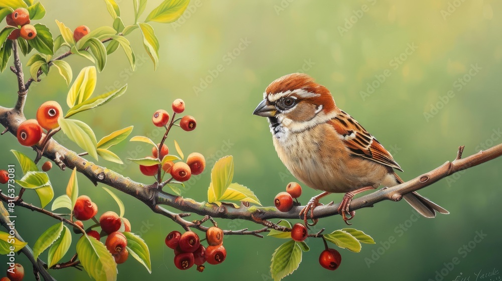 Poster eurasian tree sparrow sitting on a branch with a green backdrop