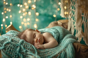 Toddler sleeping on blue blanket with shimmering stars.