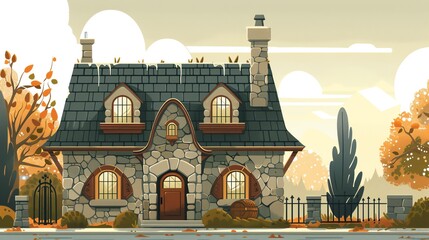 Stone house flat design front view historical theme cartoon drawing Analogous Color Scheme