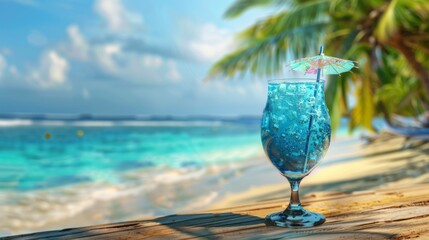 A glass of blue liquid cocktail with a straw in it is sitting on a table on a beach. The umbrella above the glass is open, providing shade from the sun. Concept of relaxation and leisure