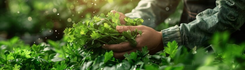 Person is holding a bunch of green herbs in their hands. The herbs are fresh and healthy, and the person seems to be enjoying the experience of picking them. Concept of connection to nature