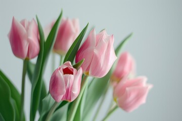 Light pink tulip bouquet on a plain background shot with soft light and a shallow depth of field - generative ai
