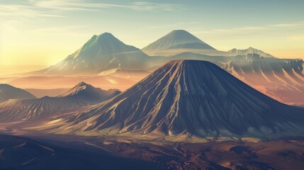 Fototapeta premium Mountain range with a volcano in the middle. The mountains are covered in snow and the volcano is covered in ash. The sky is a mix of blue and orange