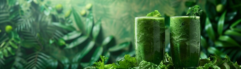 Two green smoothies are sitting on a leafy green background. The smoothies are filled with green vegetables and are ready to be enjoyed