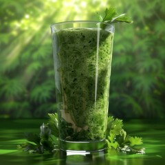 A glass of green juice with a sprig of parsley on top. The juice is a healthy and refreshing drink, perfect for a hot summer day