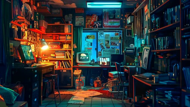 Comfortable private office space with a computer on the desk and a bookshelf, accompanied by lofi background music