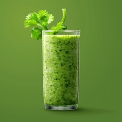 A glass of green juice with a sprig of parsley on top. The juice is a healthy and refreshing drink