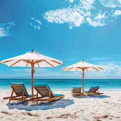 A beach scene with two umbrellas and two beach chairs. Scene is relaxed and peaceful