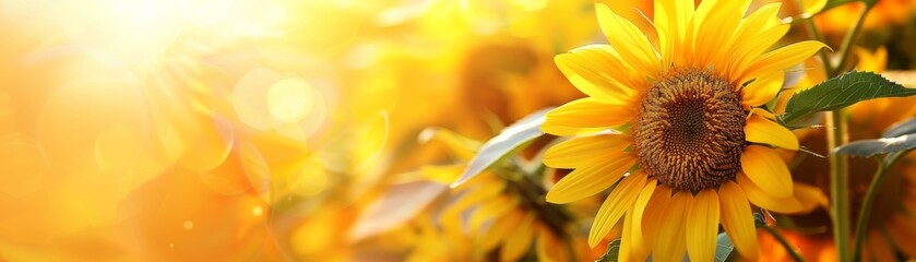 Sunflower with a green stem and leaves. The sunflower is surrounded by other flowers and leaves, creating a beautiful and vibrant scene. The bright yellow color of the sunflower