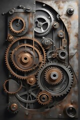 Illustrate the harmony between industrial elements and abstract forms. Use metallic textures, mechanical shapes, and rhythmic patterns to evoke a sense of order and beauty in industrial design.