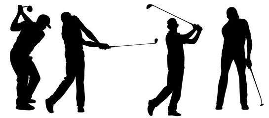 Set of sportsman golfers playing golf in various poses