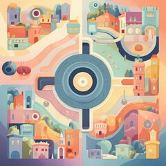 Mural project flat design top view community art theme cartoon drawing tetradic color scheme