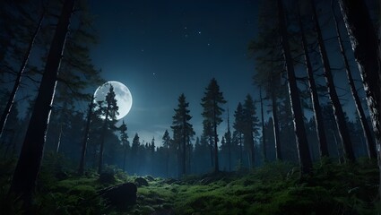 A serene forest illuminated by a full moon during the night. Generative AI
