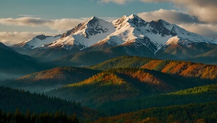 Obraz premium The majesty of a mountain range cloaked in layers of emerald green, russet brown, and snowy white ai_generated