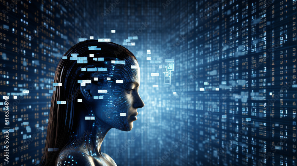 Poster a woman's face is shown in a computer screen with a lot of numbers and lines