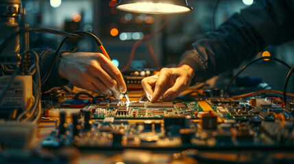 A focused technician meticulously repairs complex electronic components under a bright light on a cluttered workbench.